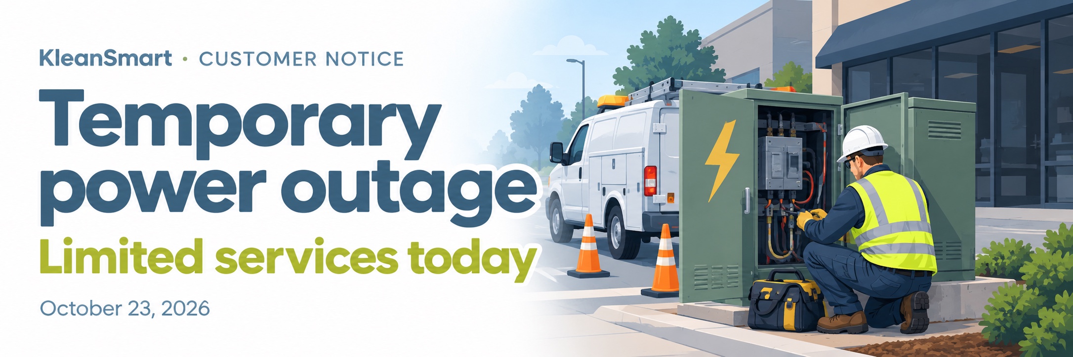 Illustration of electrical utility repairs. Temporary power outage. Limited services today. October 23, 2026.