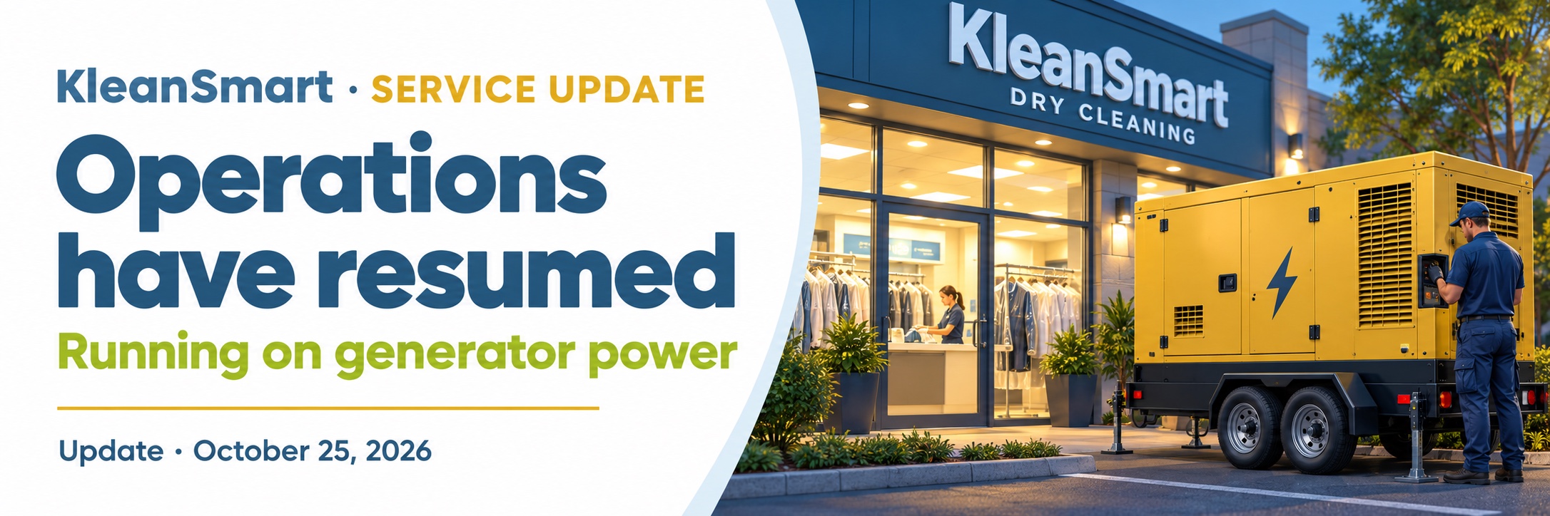 Operations have resumed. Running on generator power. Update: October 25, 2026. Illustration of an outdoor backup generator supporting a business.